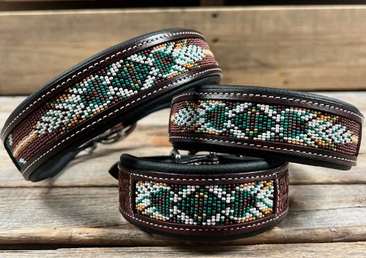 Collier pour chien perlé vert et marron
